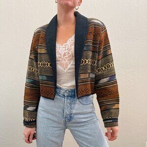 Vintage 1980s/90s Boho Woven Cotton Tapestry Crop Blazer Jacket